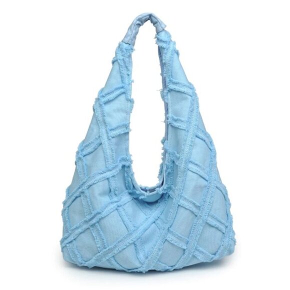 Urban Expressions Handbags - Urban Expressions Barbuda Cotton Fringe Hobo Handbag- Baby/Sky Blue